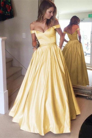 Off The Shoulder Yellow Long Zipper Back Hermosos vestidos de baile