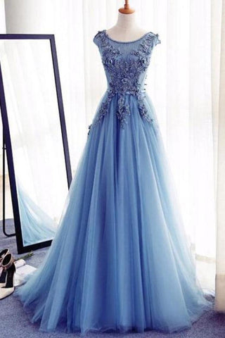 Apliques A-Line sin mangas Ice Blue Tulle vestidos de fiesta largos, vestidos de noche, N320