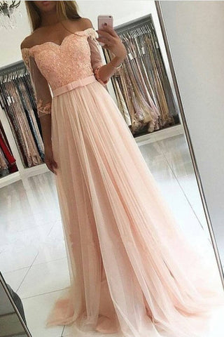 2024 Off The Shoulder Prom Vestidos Una Línea Tulle Con Applique Y Perlas