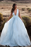 2024 Tulle Prom vestidos de una línea V cuello con Applique y Beads Sweep tren