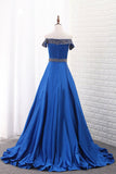 2024 A Line Prom Dresses Boat Neck Satin con cuentas barrer el tren