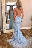 Correas espaguetis con encanto sirena con espalda abierta y azul cielo Vestidos de baile