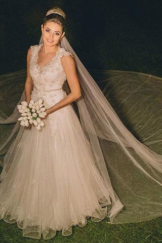 2024 impresionante Tulle vestidos de novia correas una línea con Appliques V-Neck