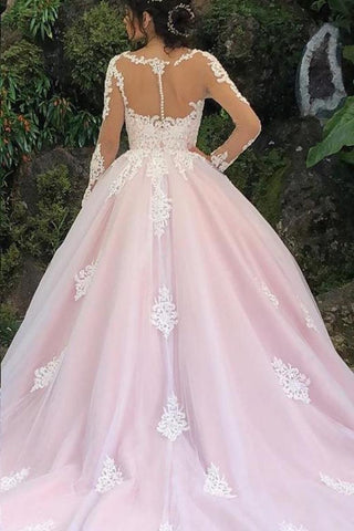 Vestido de novia rosa de una línea de manga larga con apliques de princesa