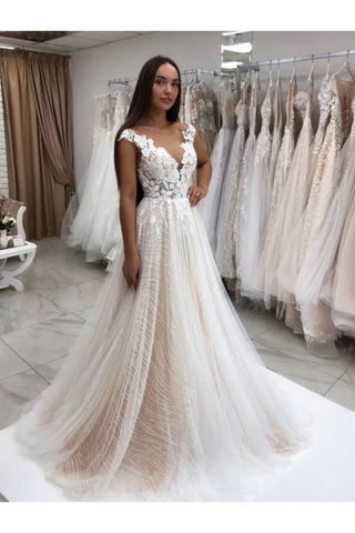 Vestido de novia de tul con lentejuelas brillantes de encaje intemporal de tul con apliques Vestido de novia